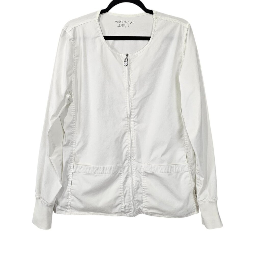 Med Couture Tech Zip Front White Scrub Jacket